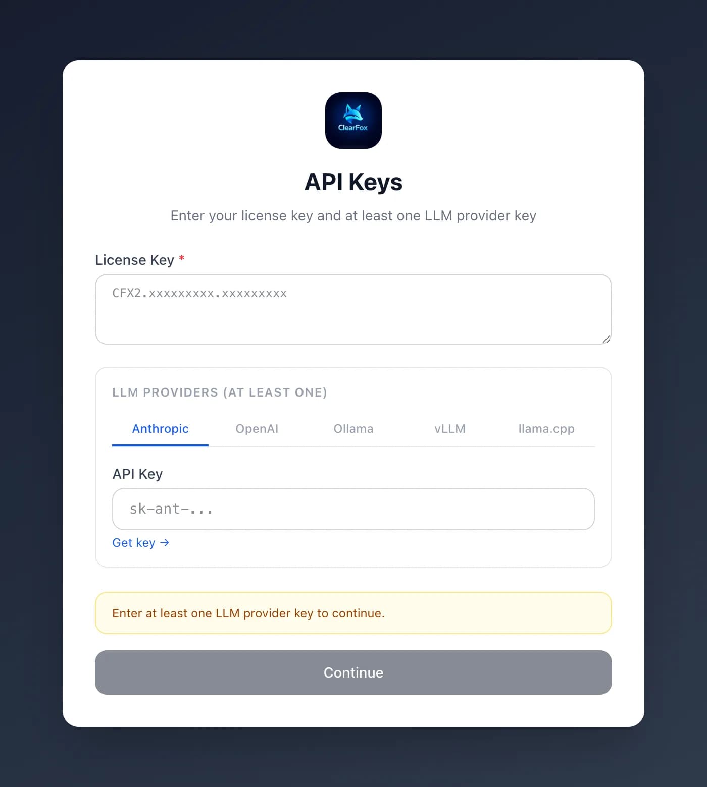 ClearFox setup screen asking for a license key and an LLM provider API key