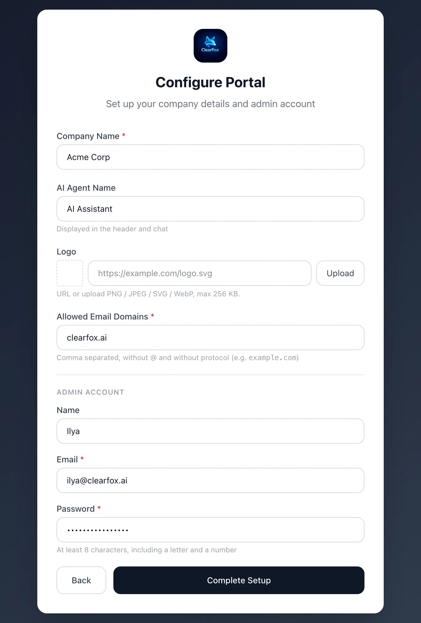 Configure Portal screen with company details and admin account