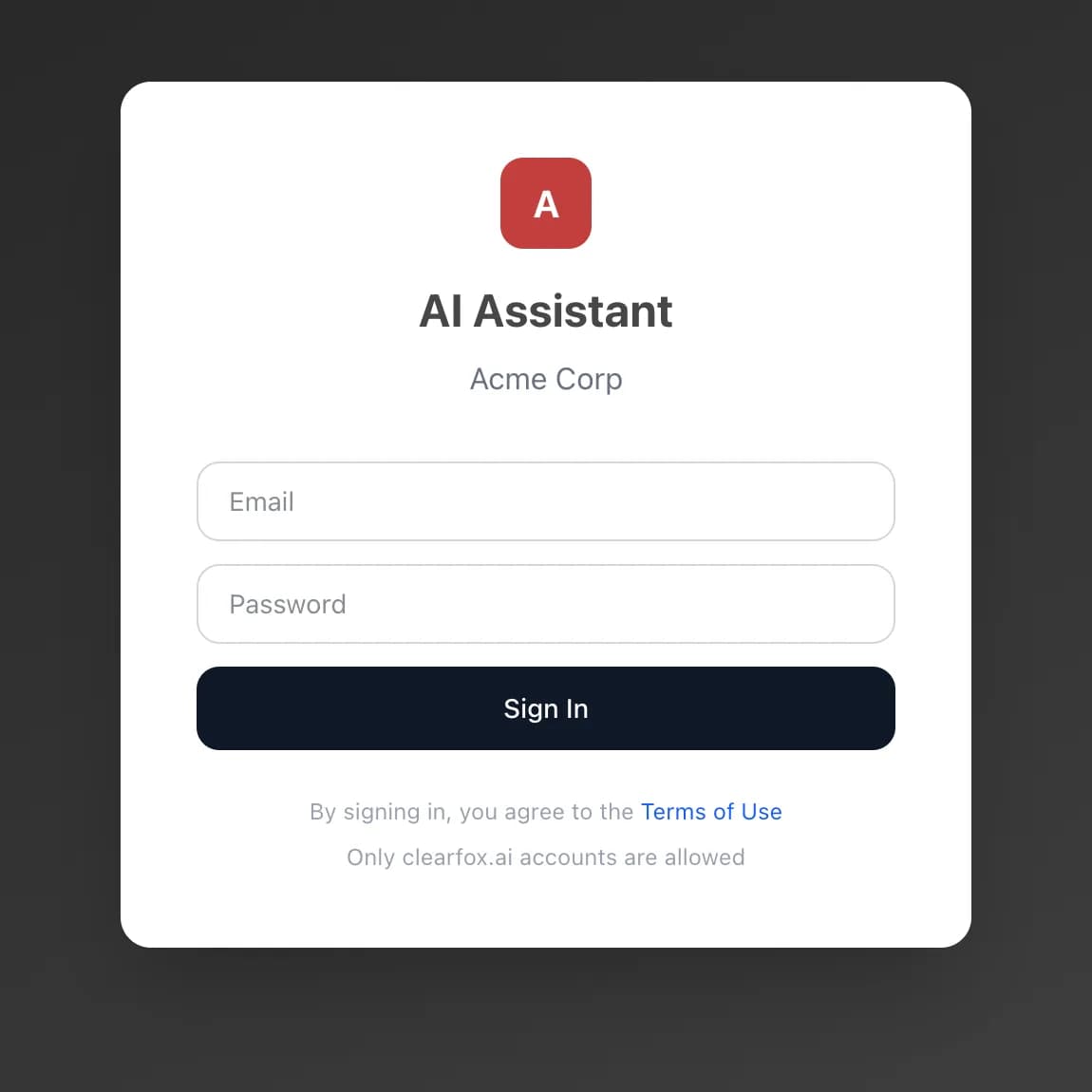 Branded ClearFox login screen for Acme Corp