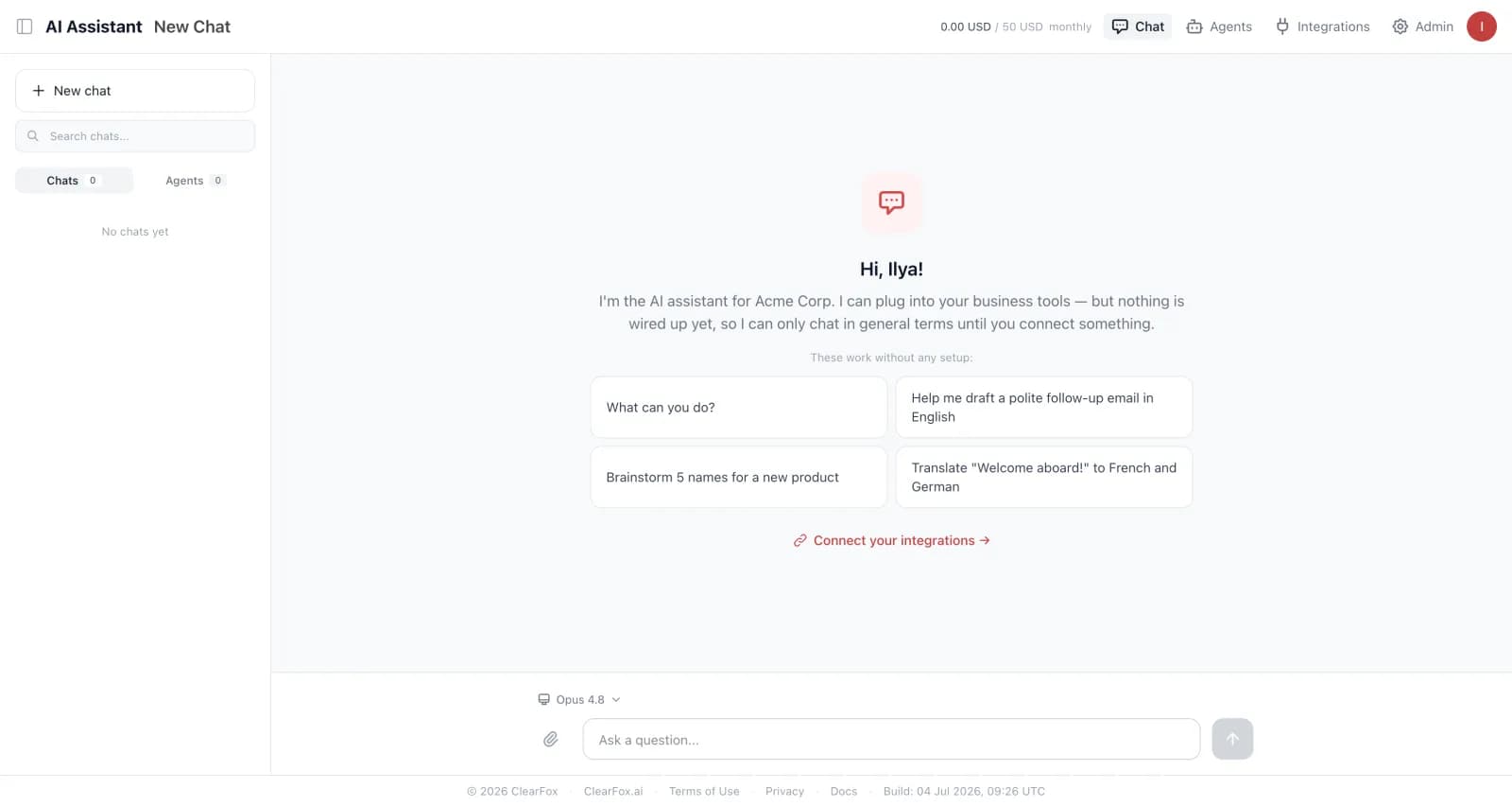 Empty first chat where the assistant explains no integrations are connected yet