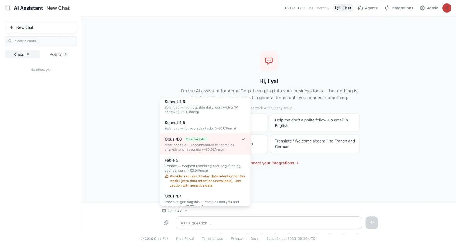 Model selection dropdown with pricing and data retention warnings