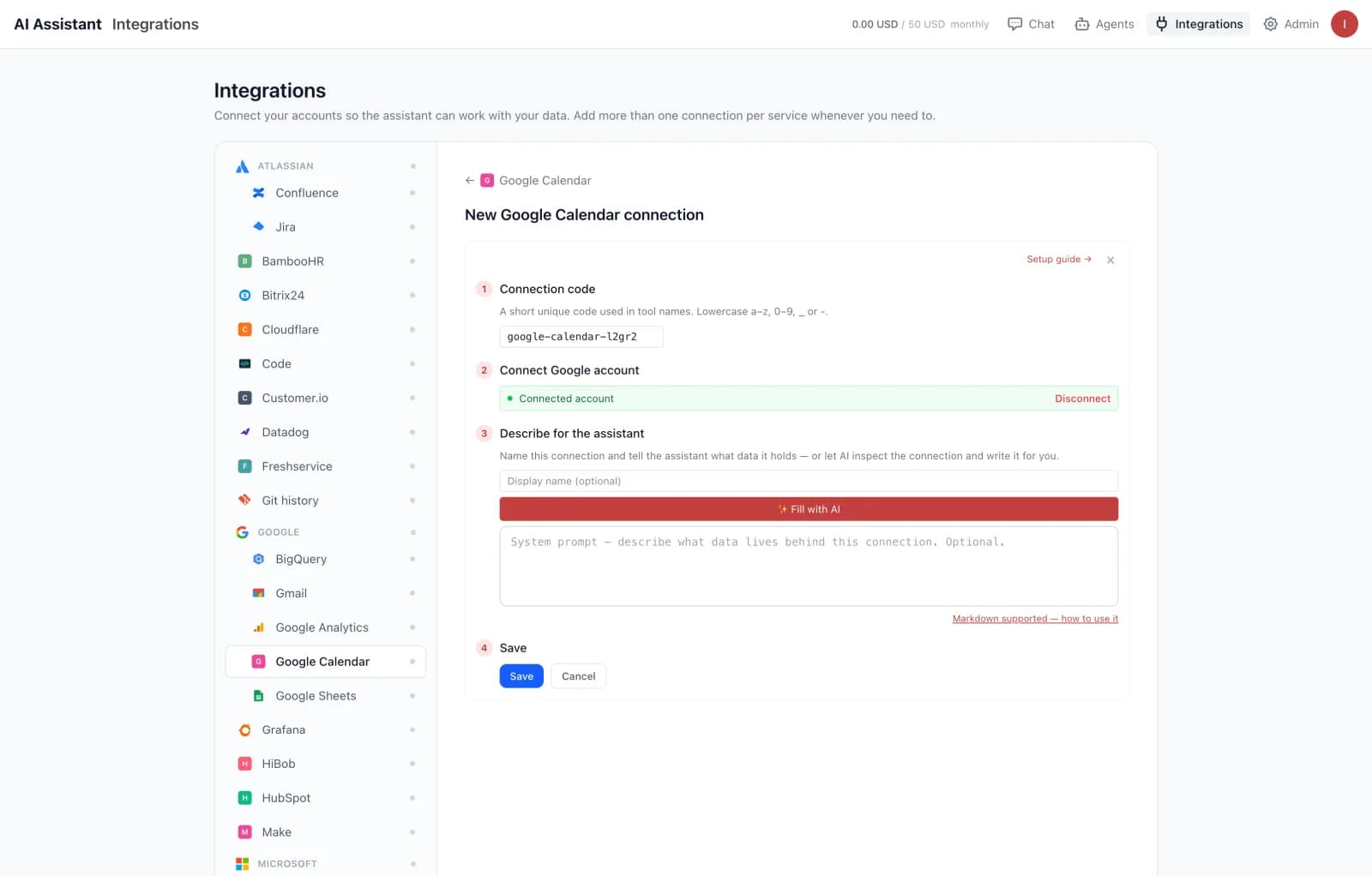 New Google Calendar connection screen with the full integrations catalog in the sidebar