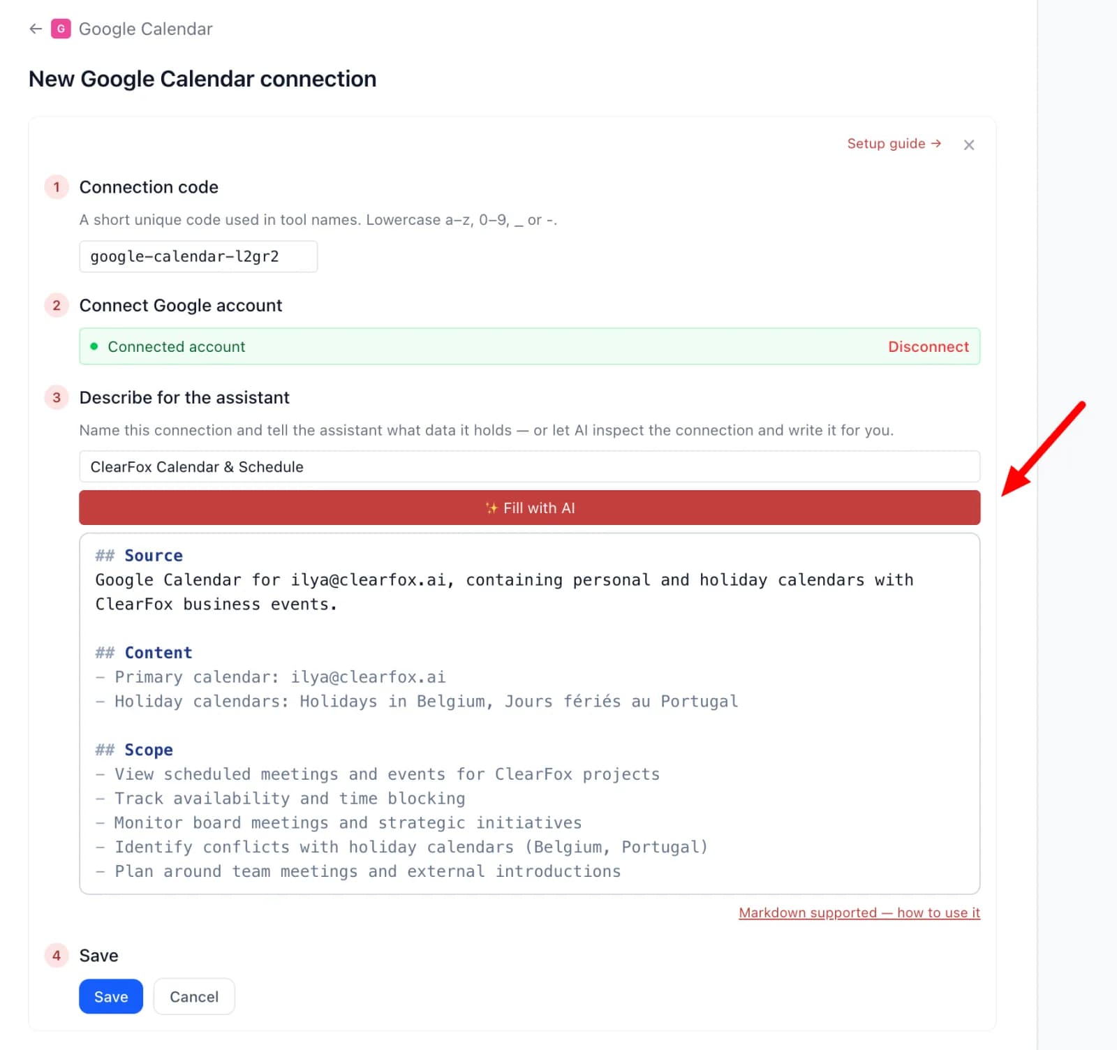 Fill with AI writing a system prompt describing the Google Calendar connection