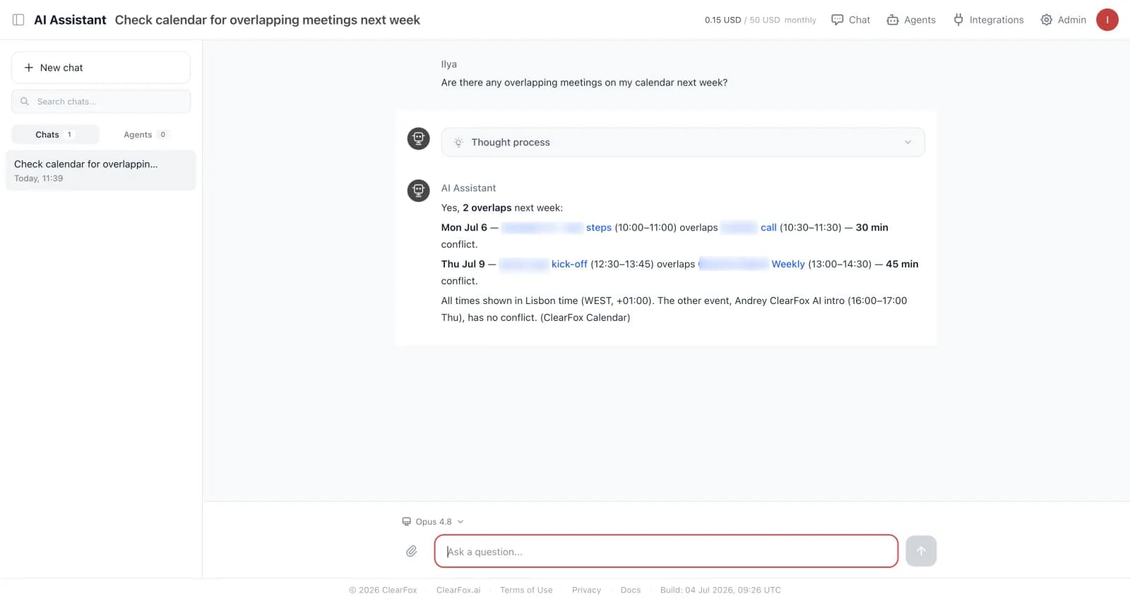 Chat answer listing two overlapping meetings found in Google Calendar