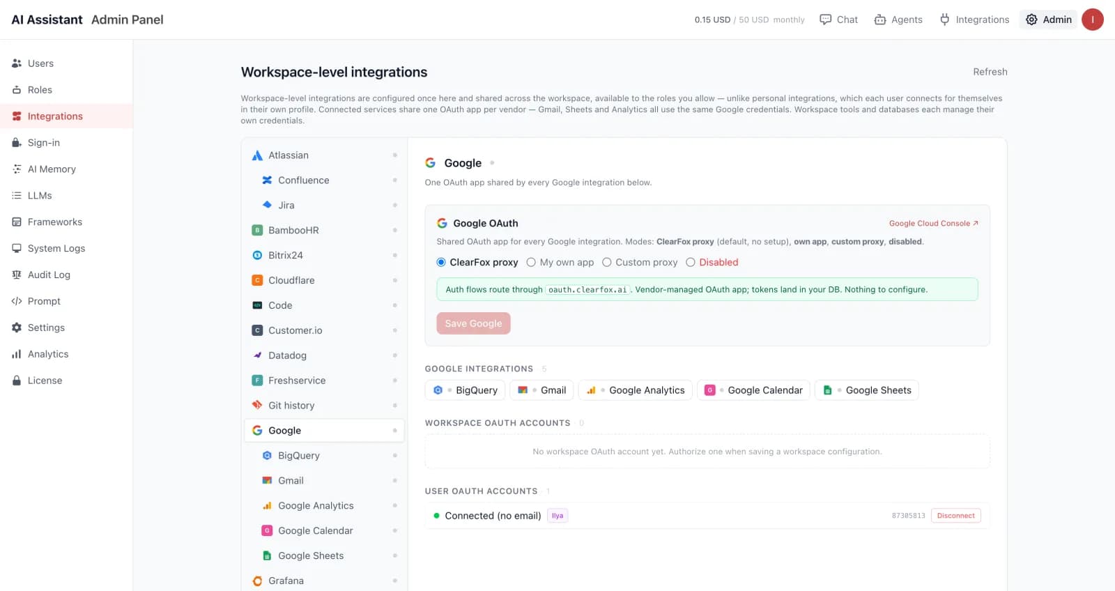 Workspace-level integrations screen with shared Google OAuth configuration