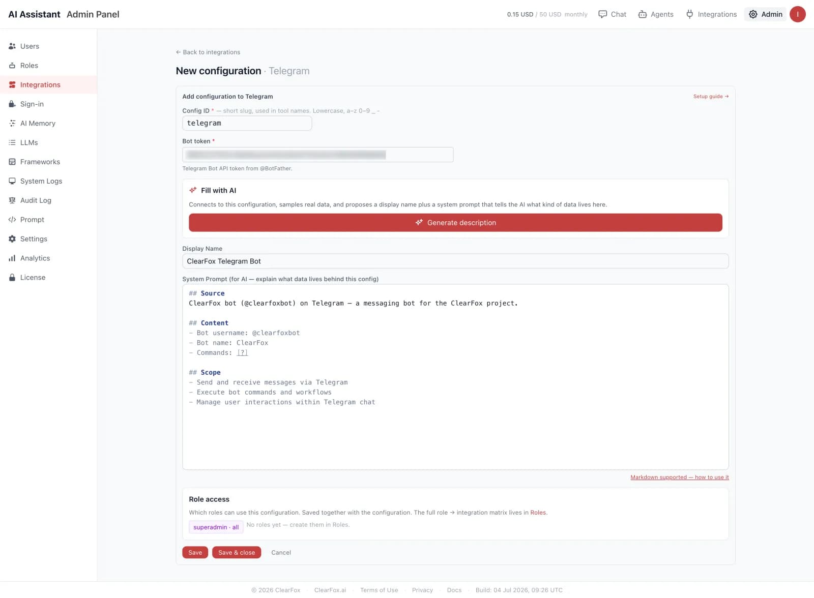 Telegram bot configuration with AI-generated system prompt and role access