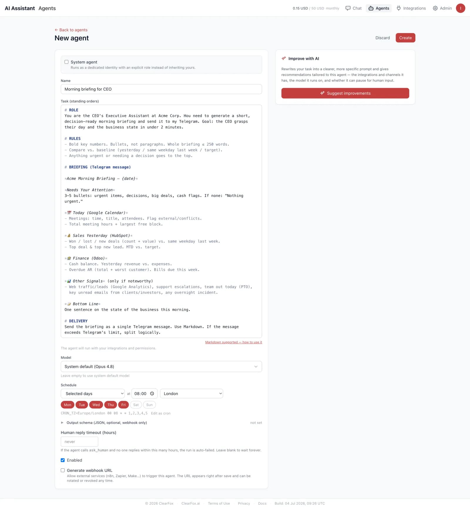 New agent form with the Morning briefing task, schedule and model settings