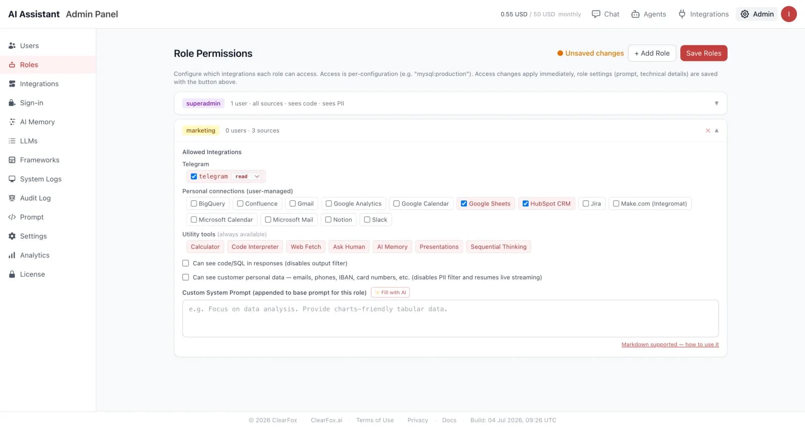 Role permissions screen with per-integration access and PII filters