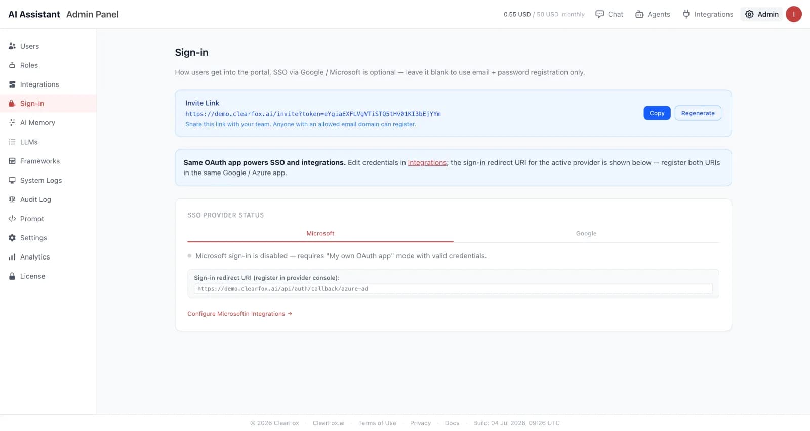 Sign-in settings with invite link and SSO provider status