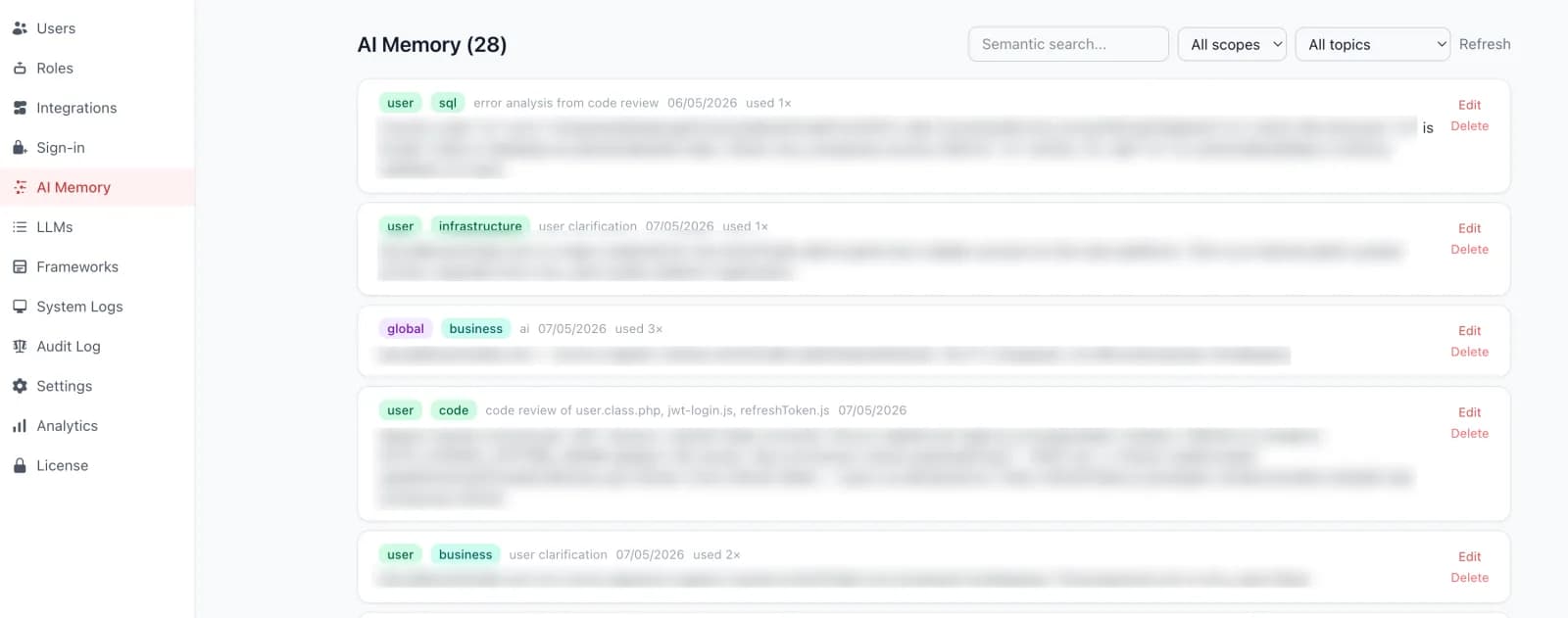 AI Memory admin screen listing stored memories with scopes and topics