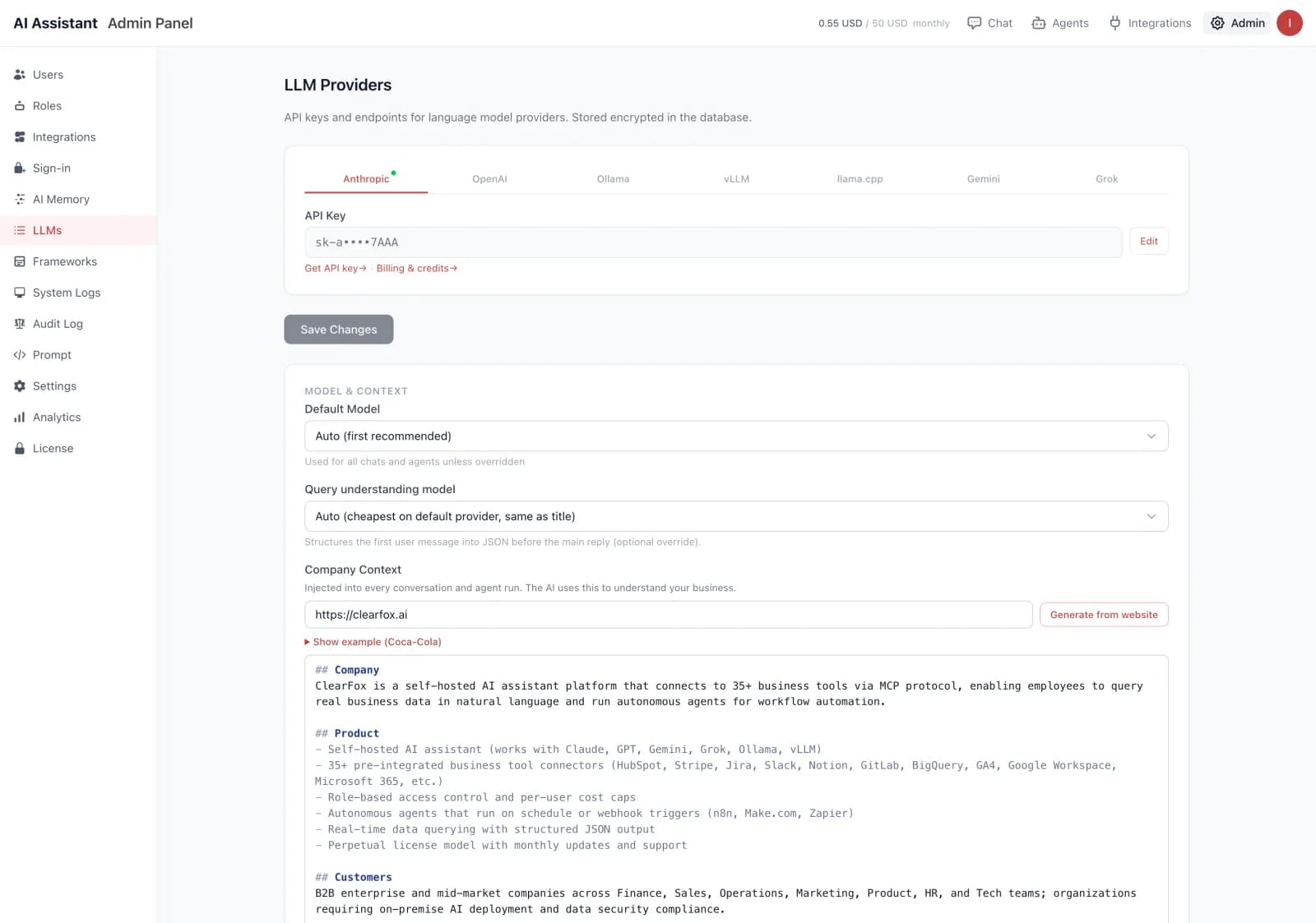 LLM providers admin screen with API keys, default model and company context